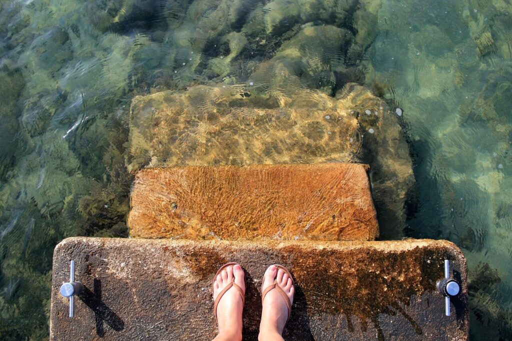sea, water, feet, sandals, flip flops, waves, crystal clear, ocean, step, clear, lake, stones, water surface, transparent, sea bay, stairs, level, stair step, step by step, nature, uncertain, step forward, step into the unknown